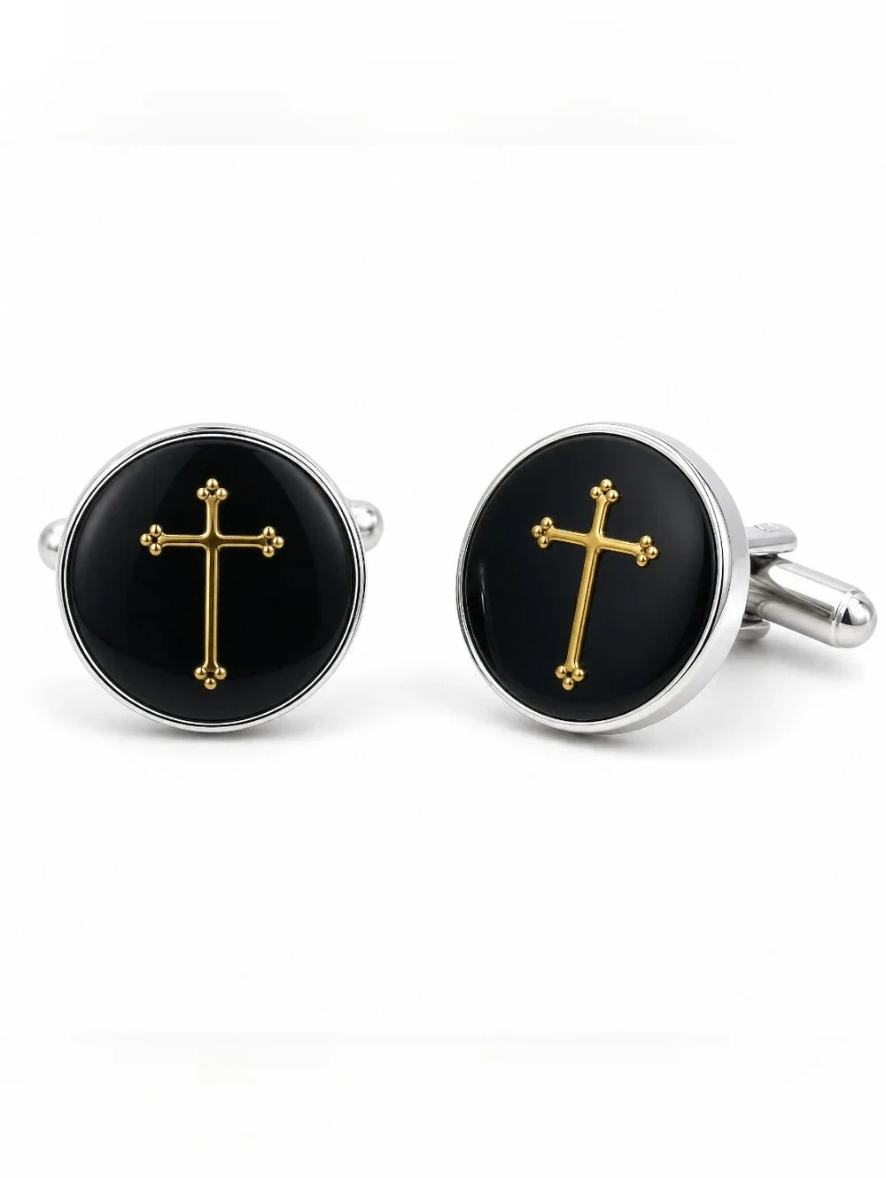 Raffinati Black & Gold Religious Cross Round Silver Tone Cufflinks